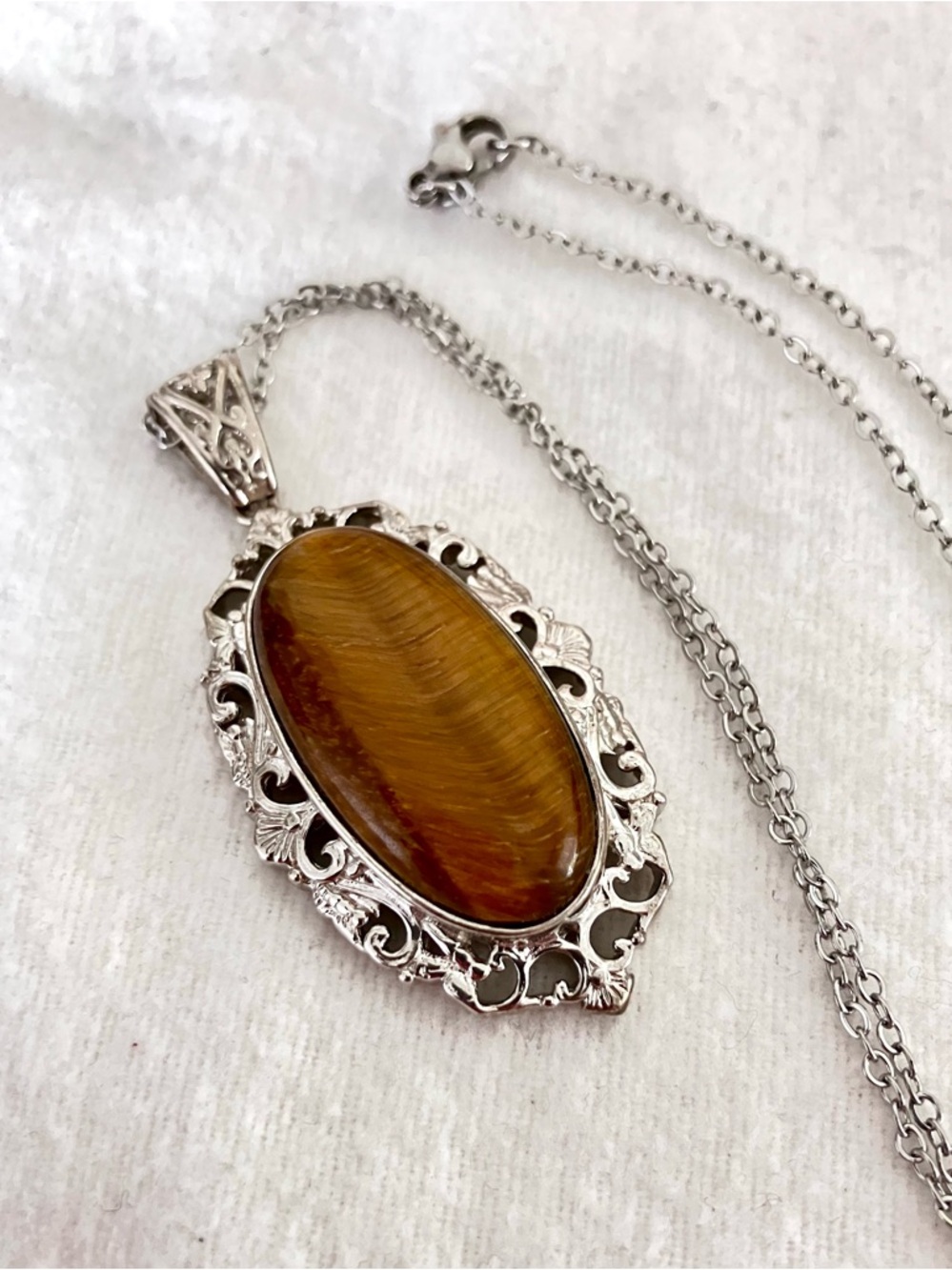 Natural tiger eye, large oval statement pendant floral design, Boho chic
